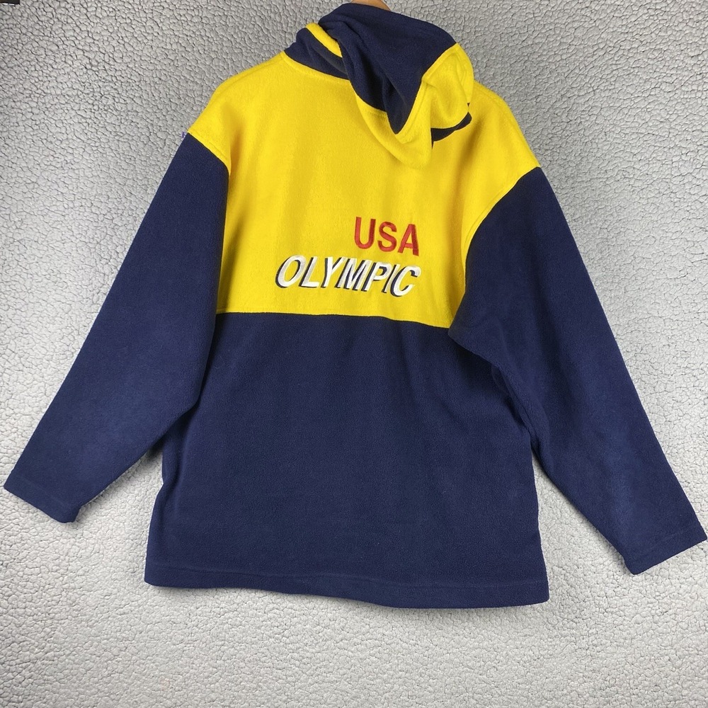 USA Olympic Hooded Fleece Jumper Mens L 1/4 Zip Jacket JCPenney Blue Yellow VTG